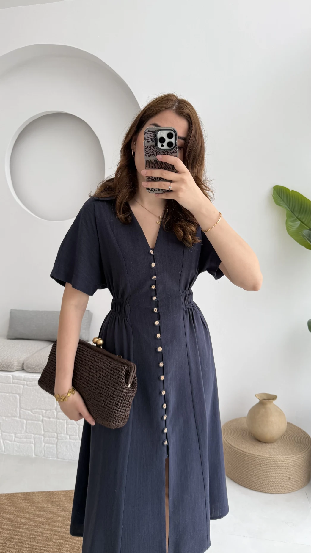 Düğmeli V Yaka Elbise - 2247 - Lacivert