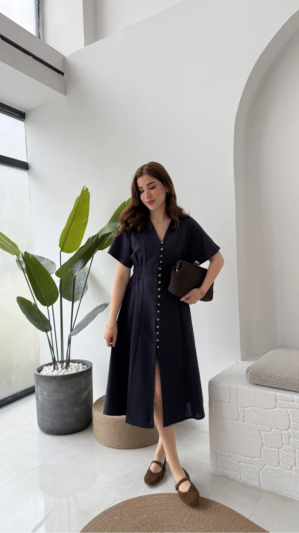 Düğmeli V Yaka Elbise - 2247 - Lacivert