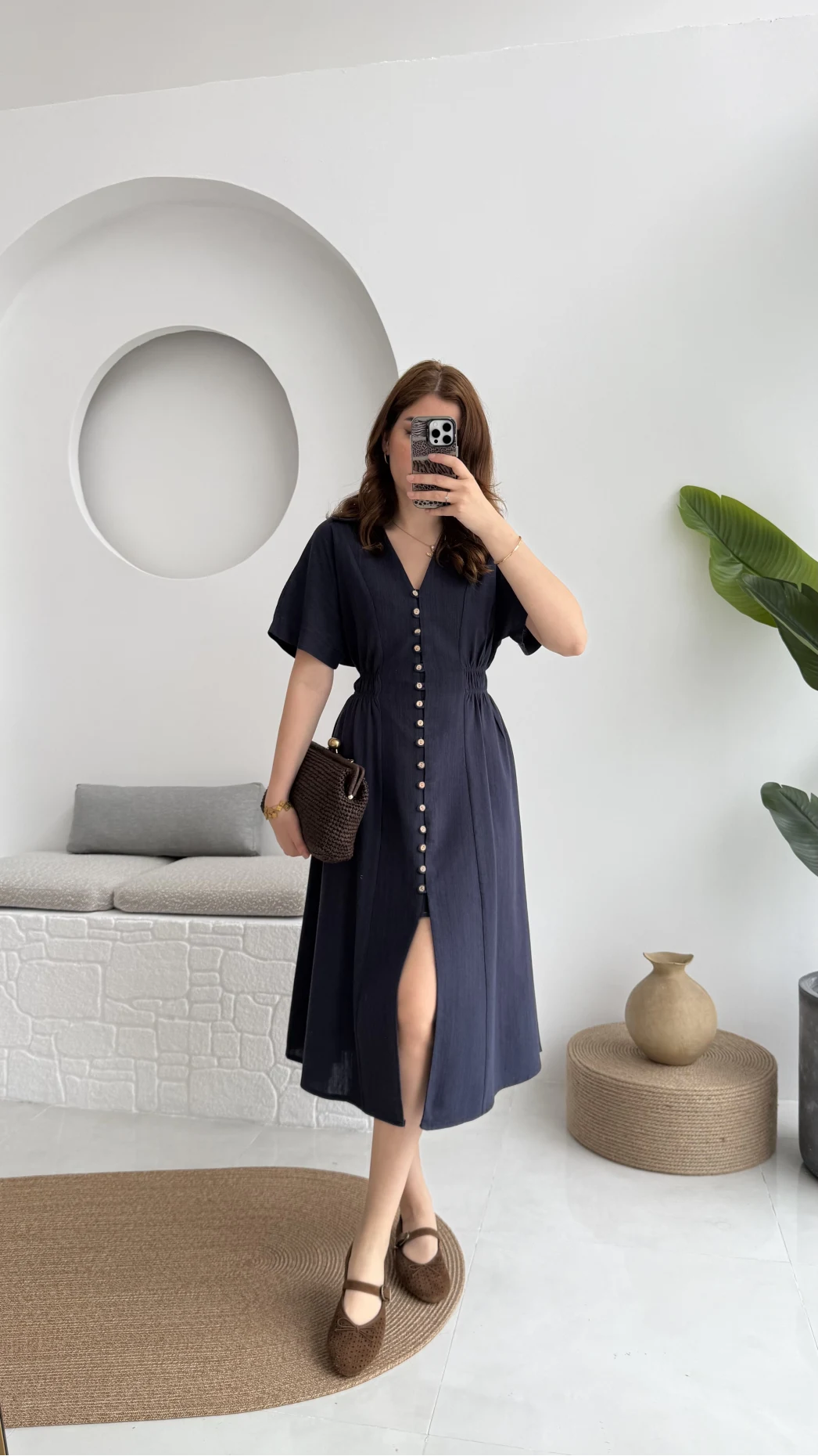 Düğmeli V Yaka Elbise - 2247 - Lacivert