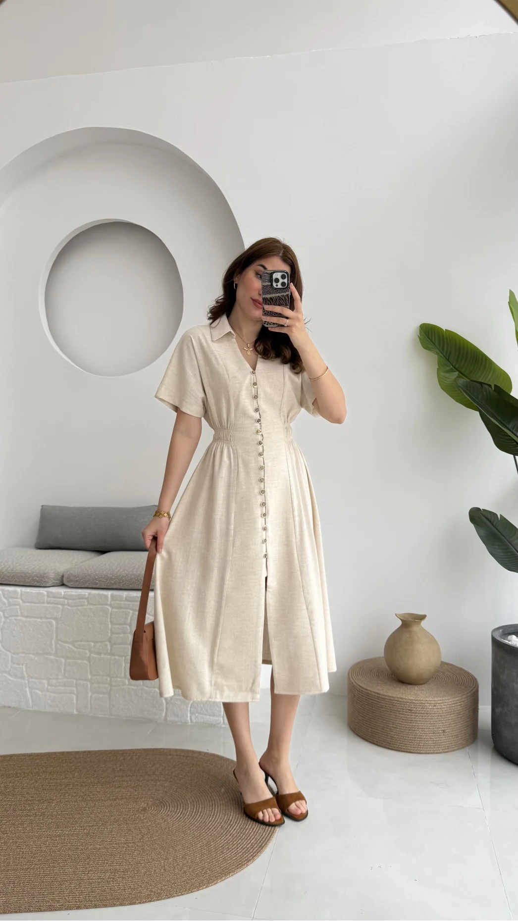 Düğmeli V Yaka Elbise - 2247 - Natural