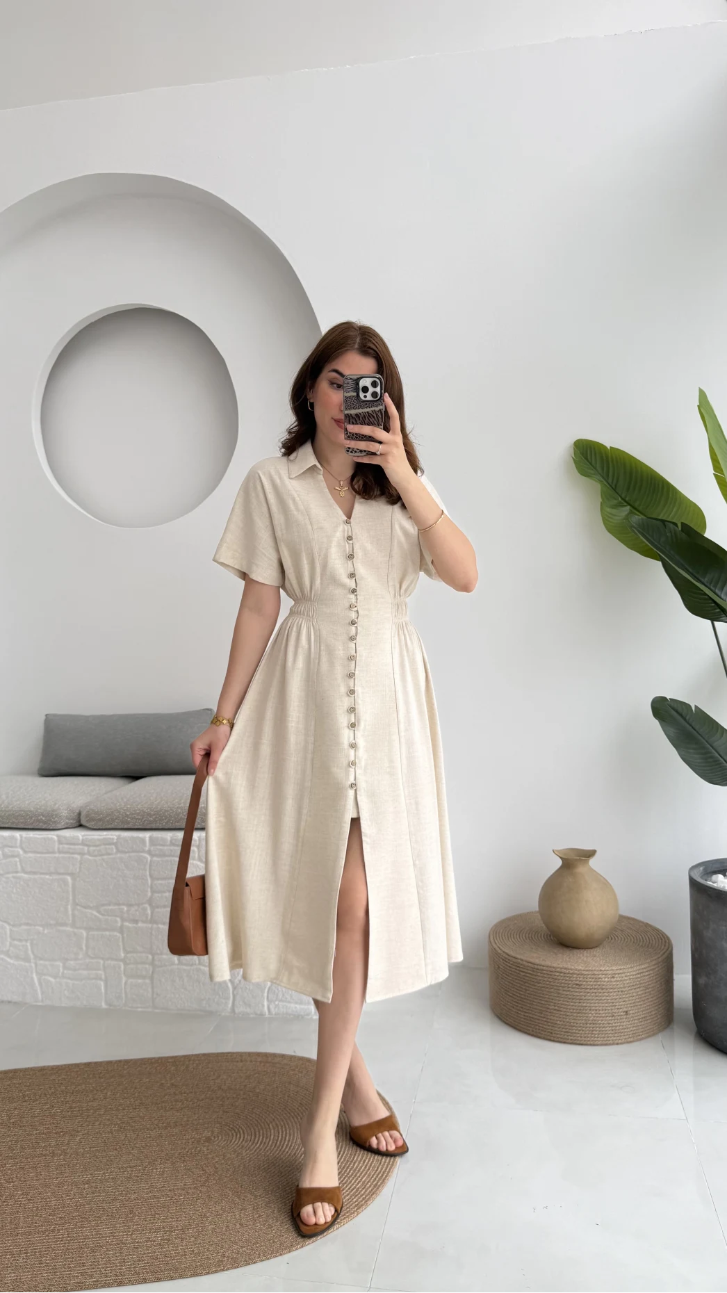 Düğmeli V Yaka Elbise - 2247 - Natural