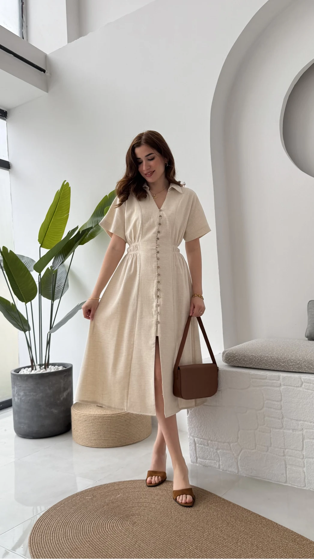 Düğmeli V Yaka Elbise - 2247 - Natural