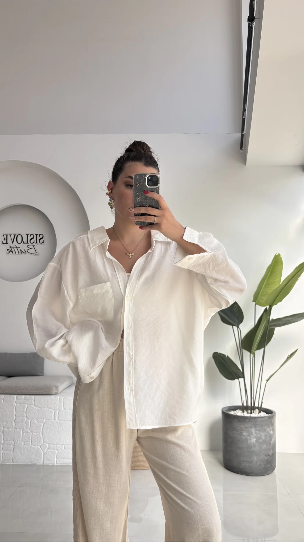 Düşük Omuzlu Modal Gömlek - Beyaz - 5050