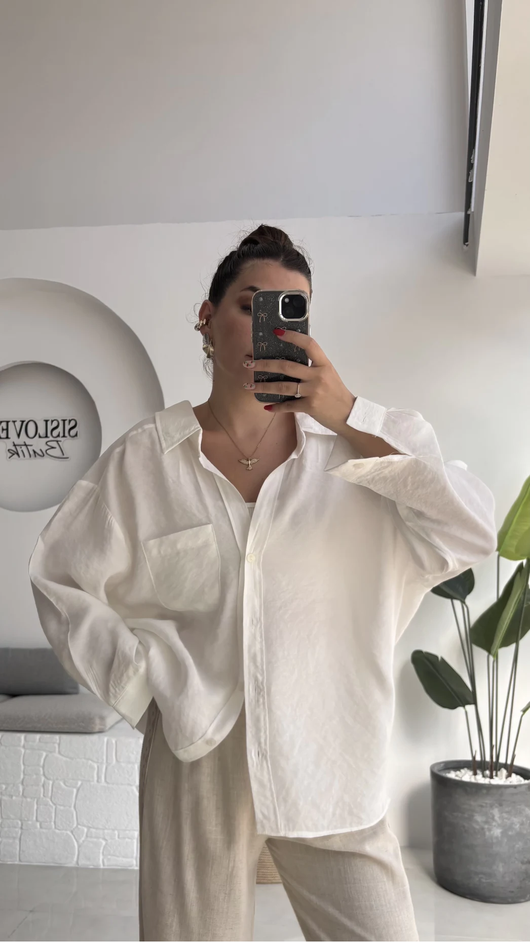 Düşük Omuzlu Modal Gömlek - Beyaz - 5050