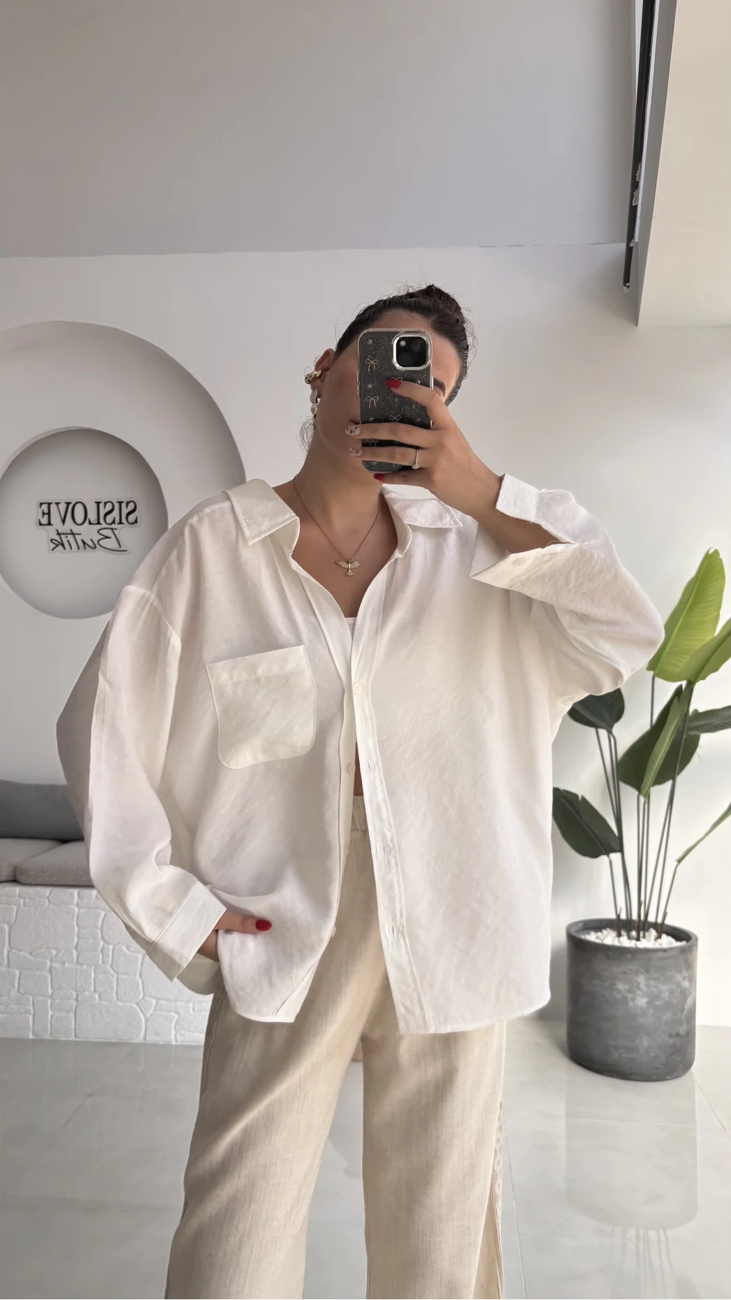 Düşük Omuzlu Modal Gömlek - Beyaz - 5050