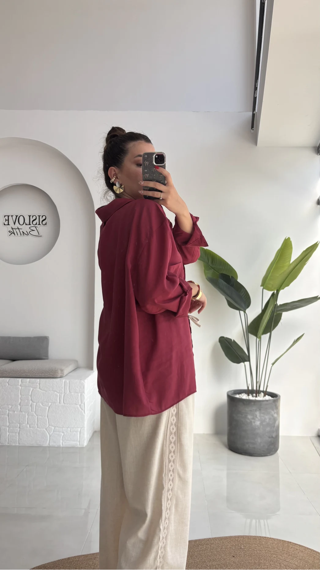 Düşük Omuzlu Modal Gömlek - Bordo - 5050