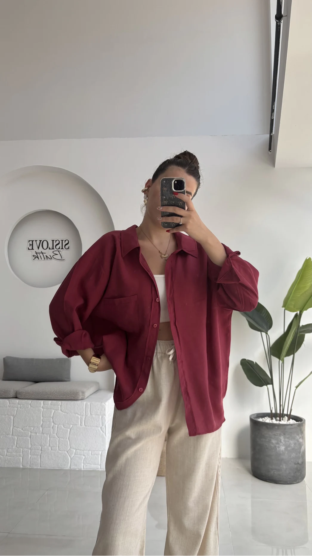 Düşük Omuzlu Modal Gömlek - Bordo - 5050