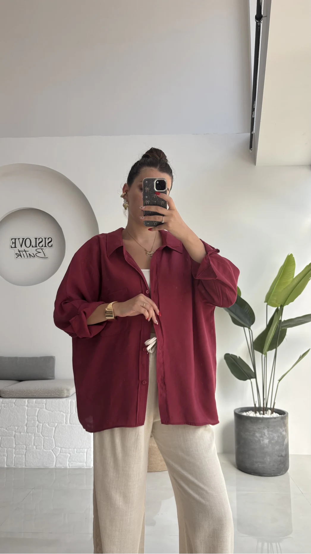 Düşük Omuzlu Modal Gömlek - Bordo - 5050