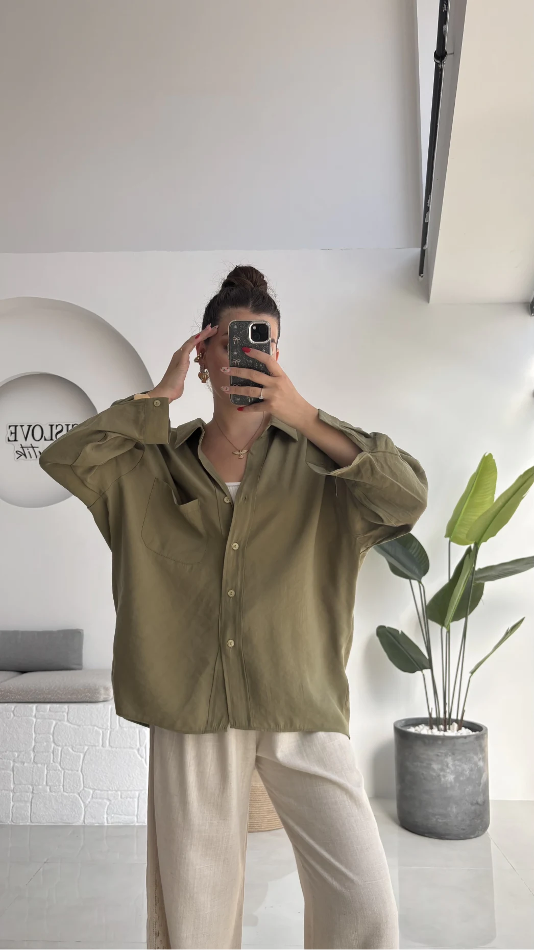 Düşük Omuzlu Modal Gömlek - Haki - 5050