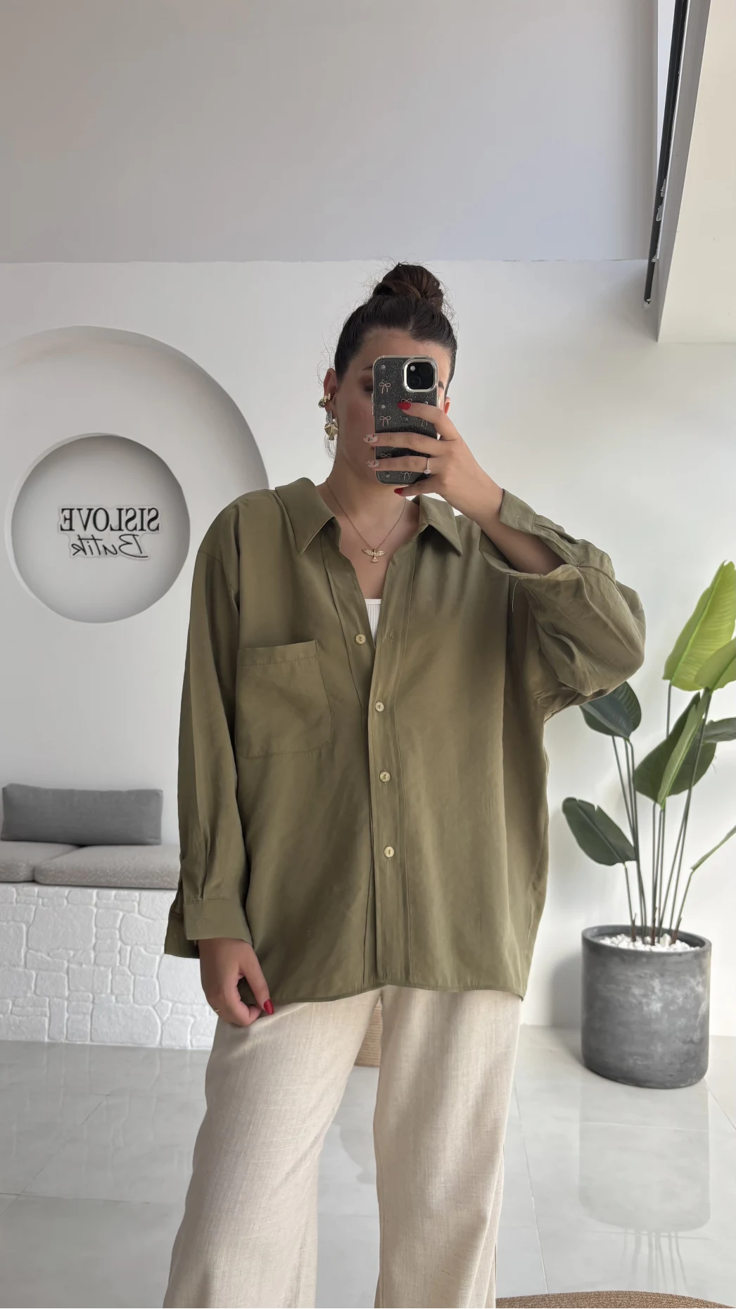 Düşük Omuzlu Modal Gömlek - Haki - 5050