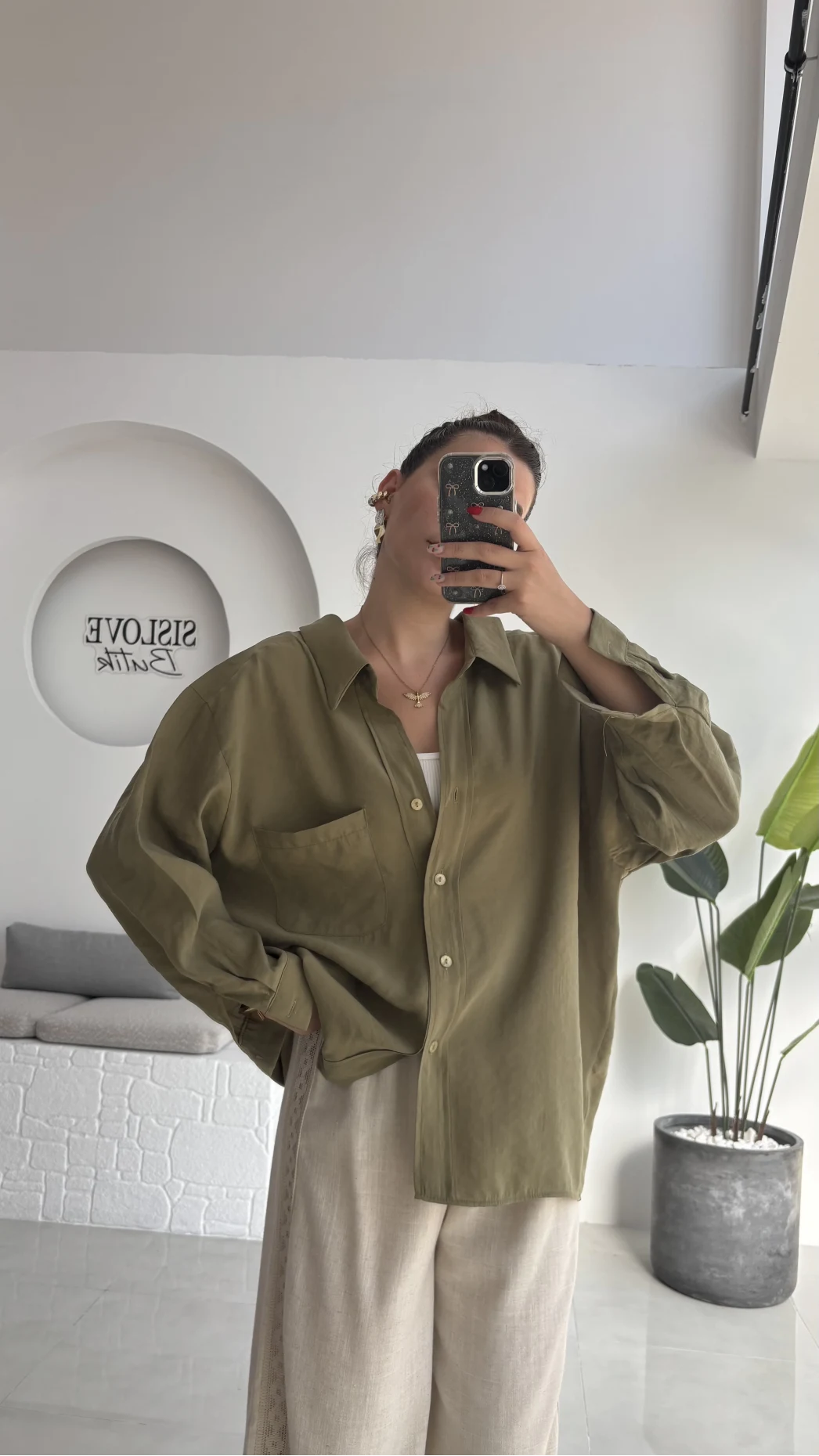 Düşük Omuzlu Modal Gömlek - Haki - 5050