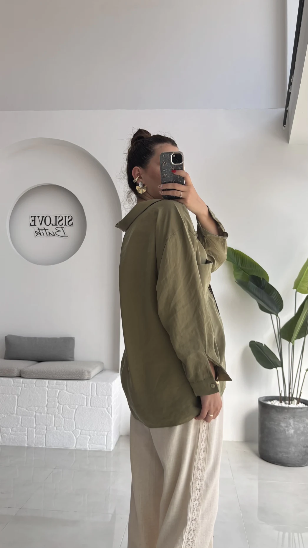 Düşük Omuzlu Modal Gömlek - Haki - 5050