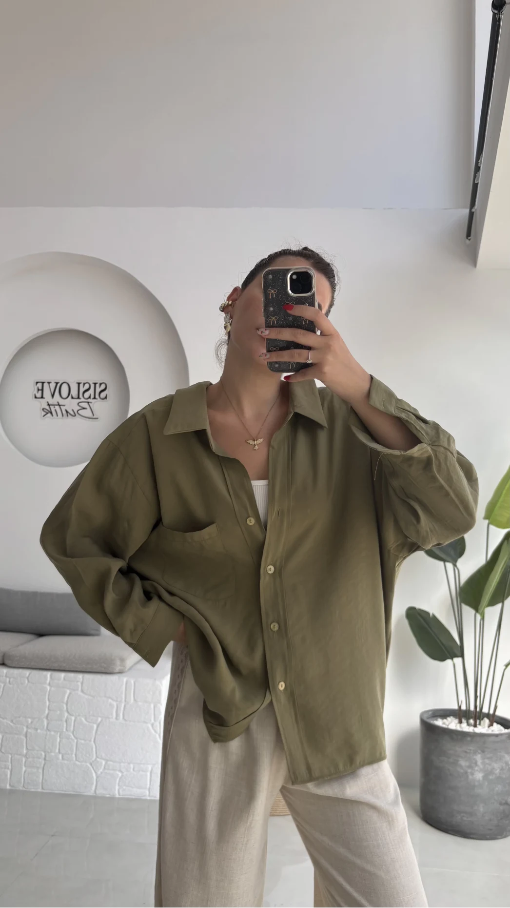 Düşük Omuzlu Modal Gömlek - Haki - 5050