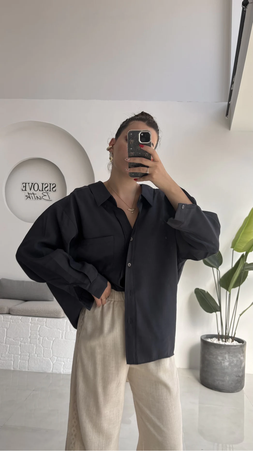 Düşük Omuzlu Modal Gömlek - Antrasit - 5050