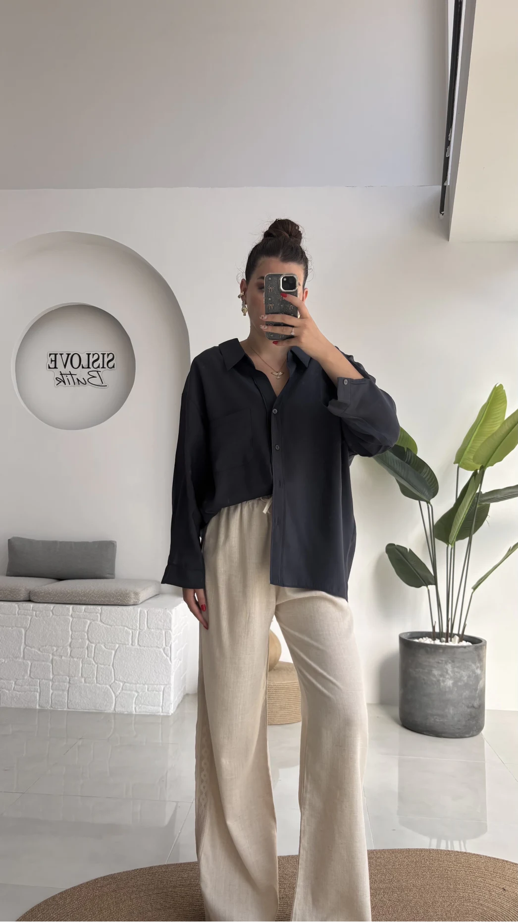 Düşük Omuzlu Modal Gömlek - Antrasit - 5050