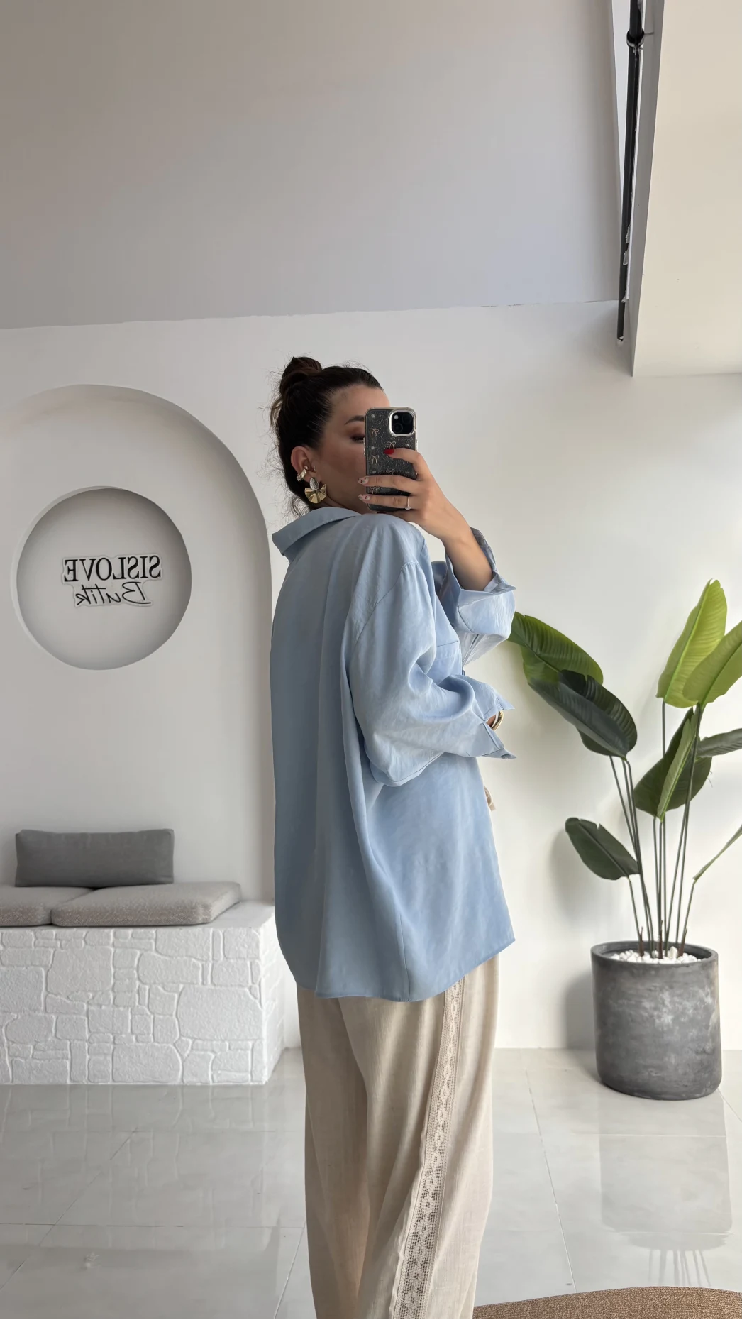 Düşük Omuzlu Modal Gömlek - Mavi - 5050