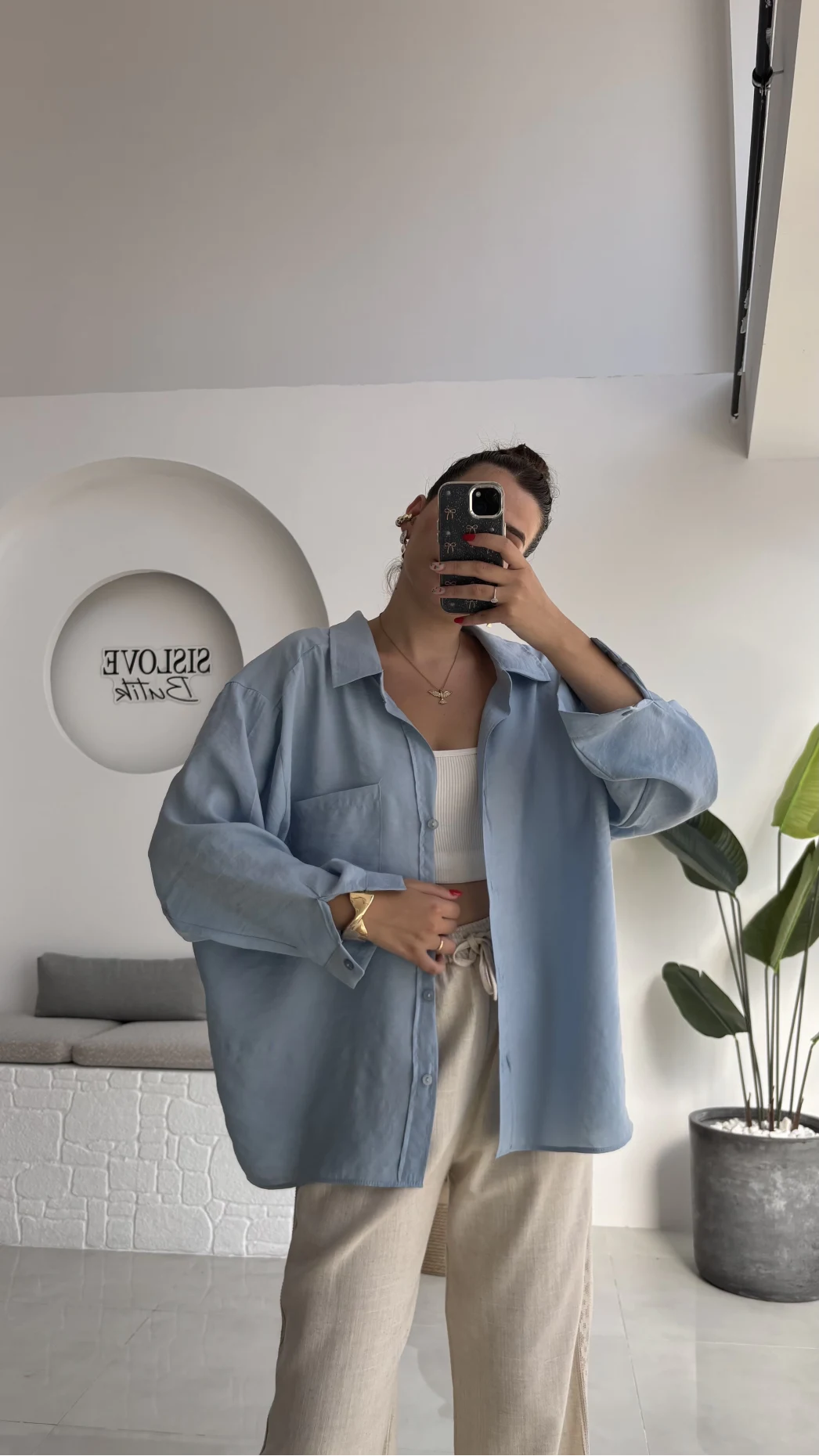 Düşük Omuzlu Modal Gömlek - Mavi - 5050