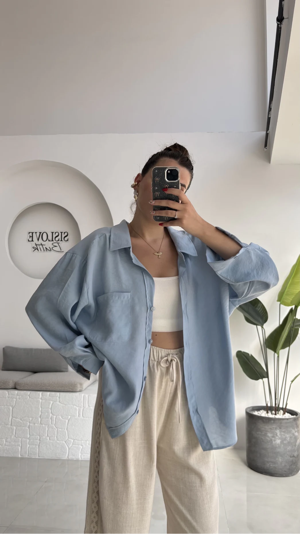 Düşük Omuzlu Modal Gömlek - Mavi - 5050