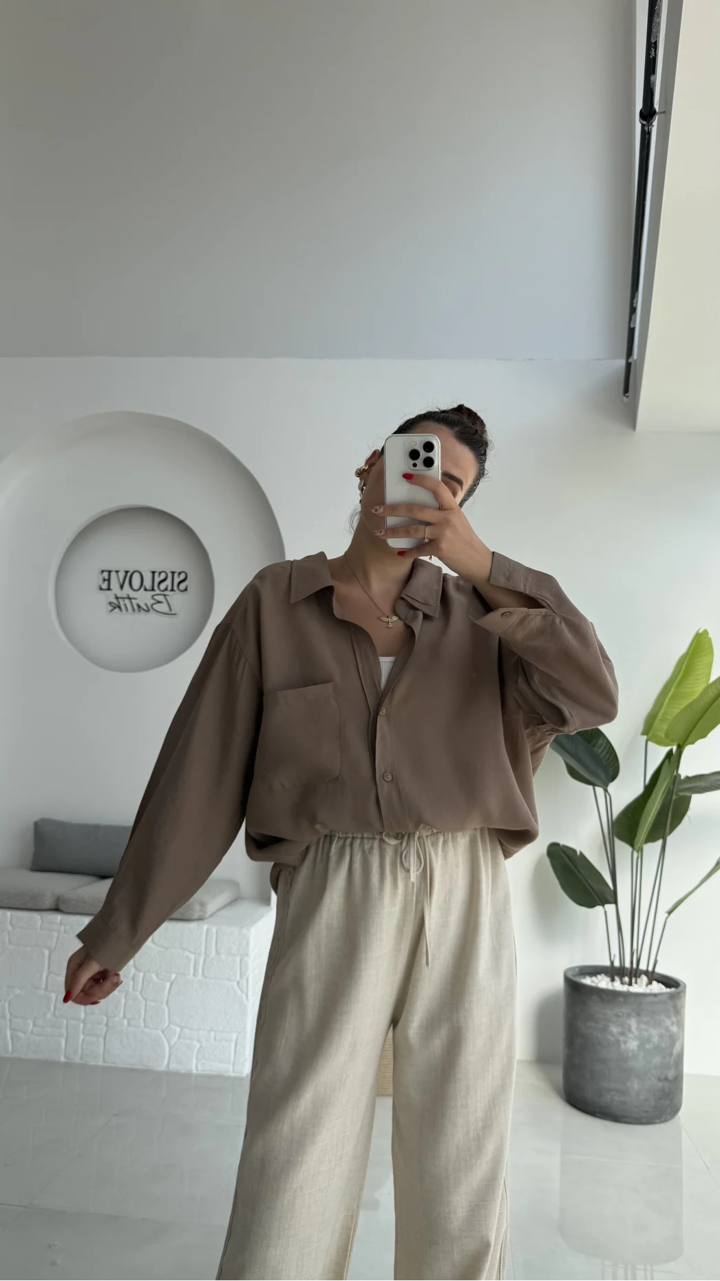 Düşük Omuzlu Modal Gömlek - Vizon - 5050