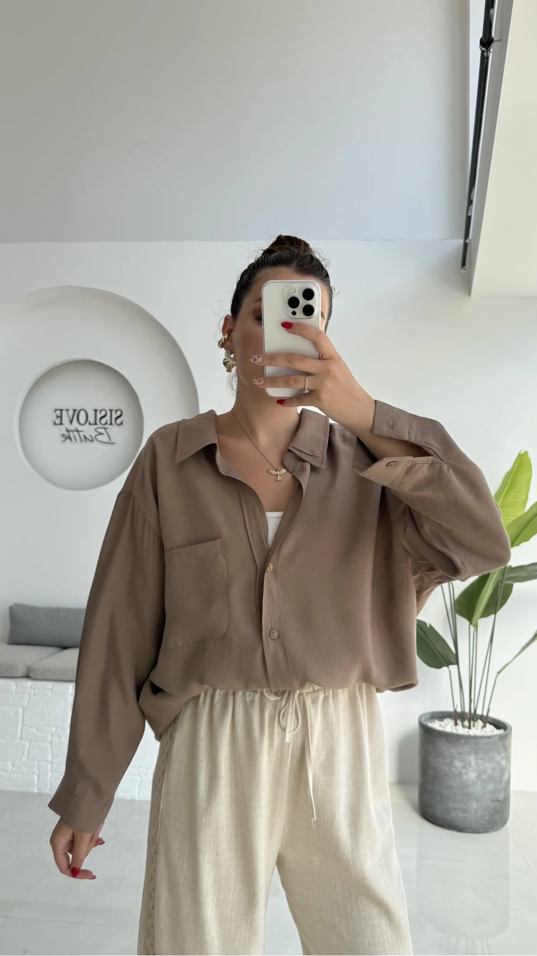 Düşük Omuzlu Modal Gömlek - Vizon - 5050