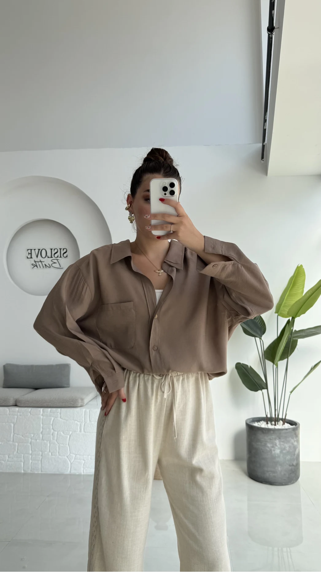 Düşük Omuzlu Modal Gömlek - Vizon - 5050