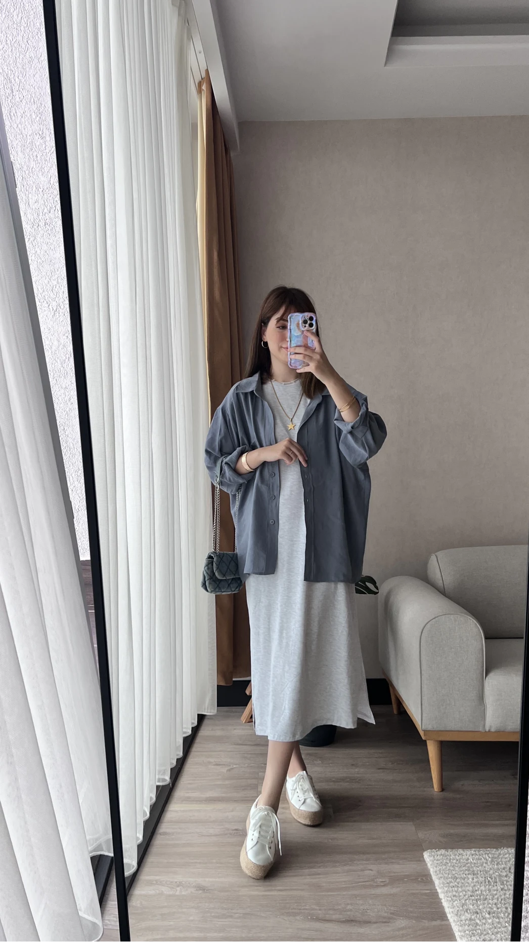 Gri-Mavi Oversize Tensel Gömlek Kod: 4612