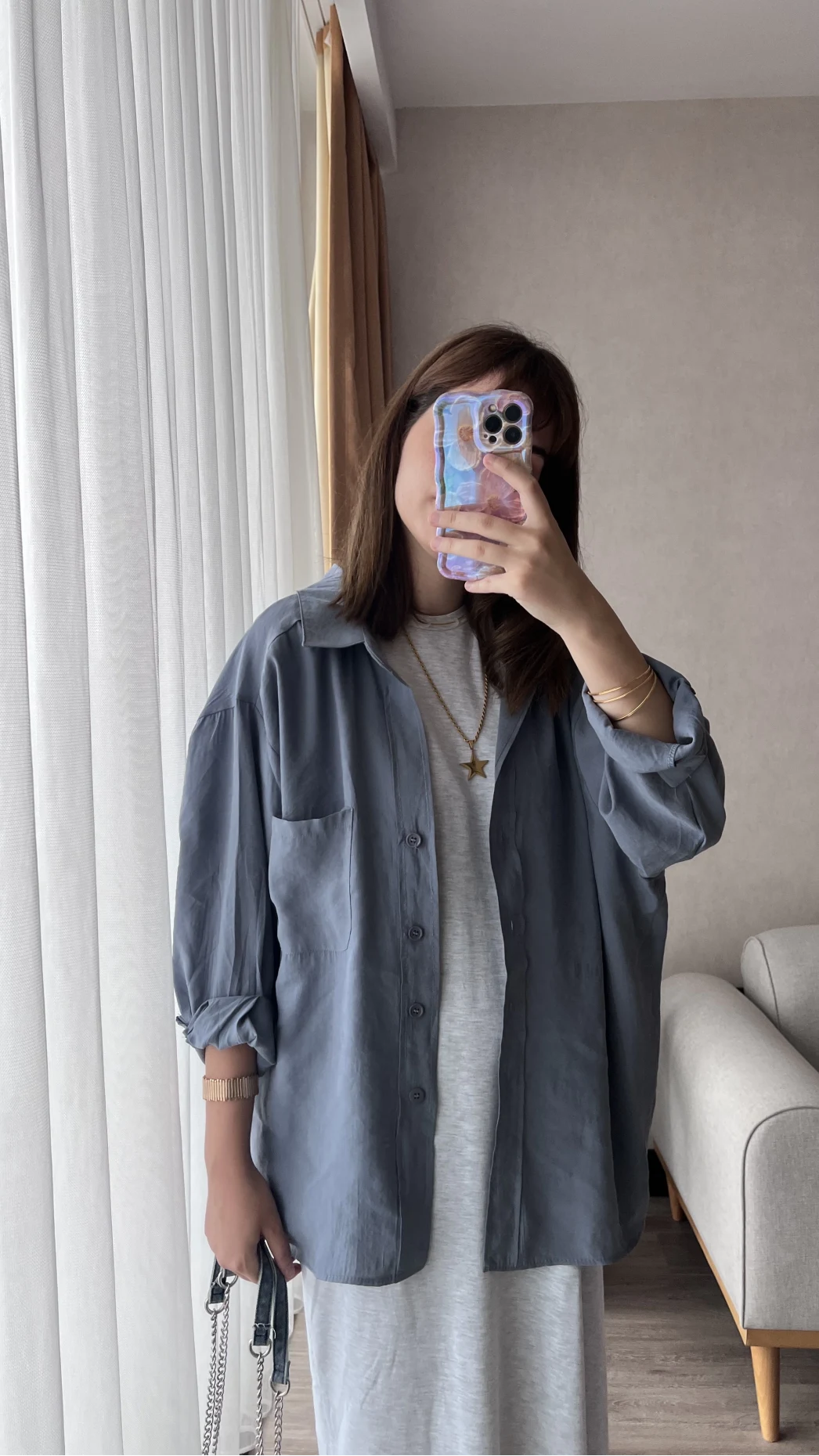 Gri-Mavi Oversize Tensel Gömlek Kod: 4612