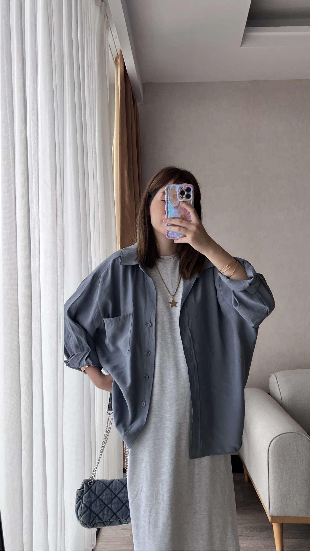Gri-Mavi Oversize Tensel Gömlek Kod: 4612