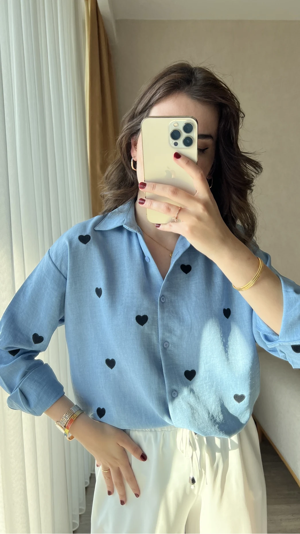 Düz Mavi Siyah Kalpli Keten Gömlek