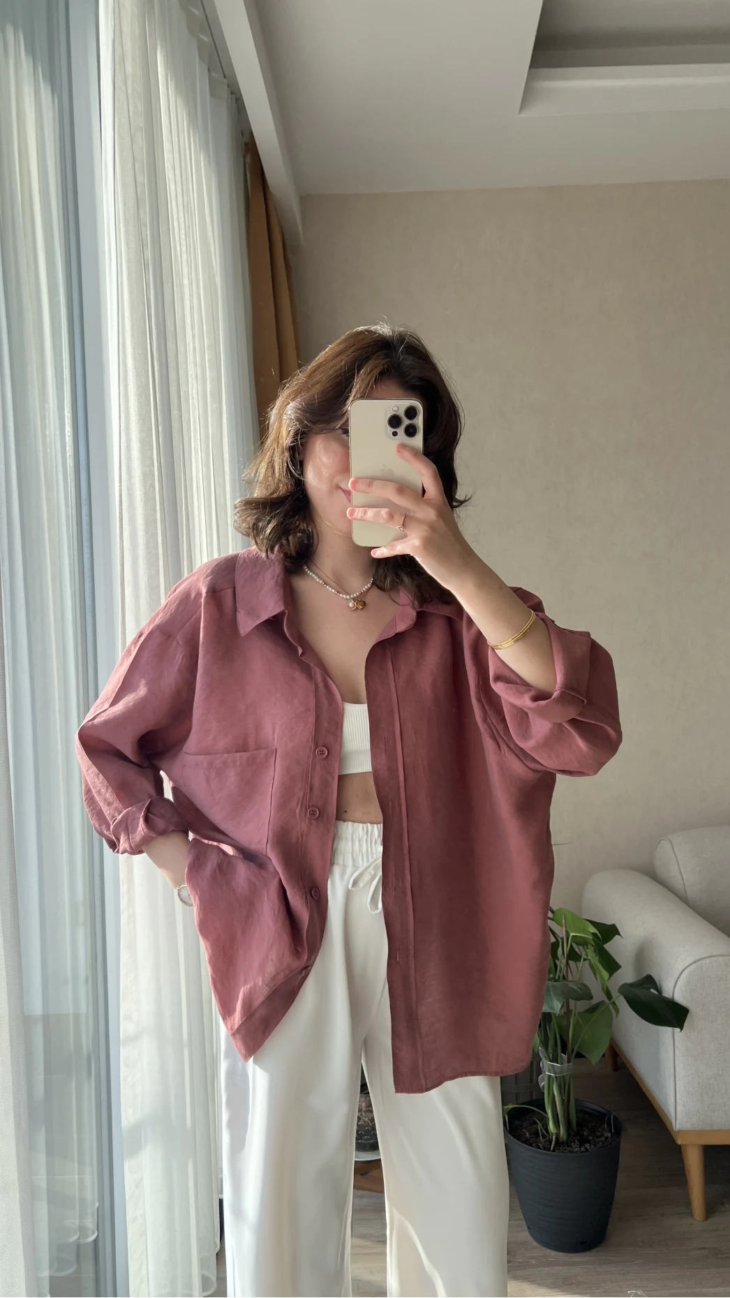 Tarçın Oversize Tensel Gömlek Kod: 4612