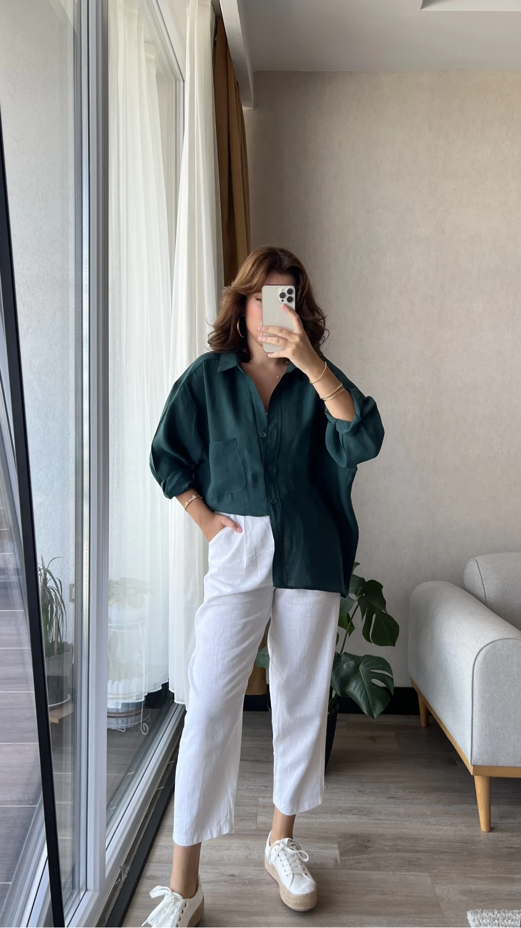 Zümrüt Yeşili Oversize Tensel Gömlek Kod: 4612