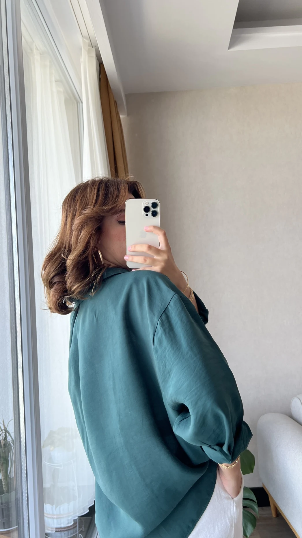 Zümrüt Yeşili Oversize Tensel Gömlek Kod: 4612