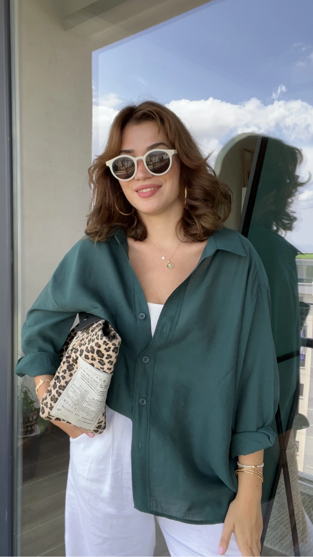 Zümrüt Yeşili Oversize Tensel Gömlek Kod: 4612