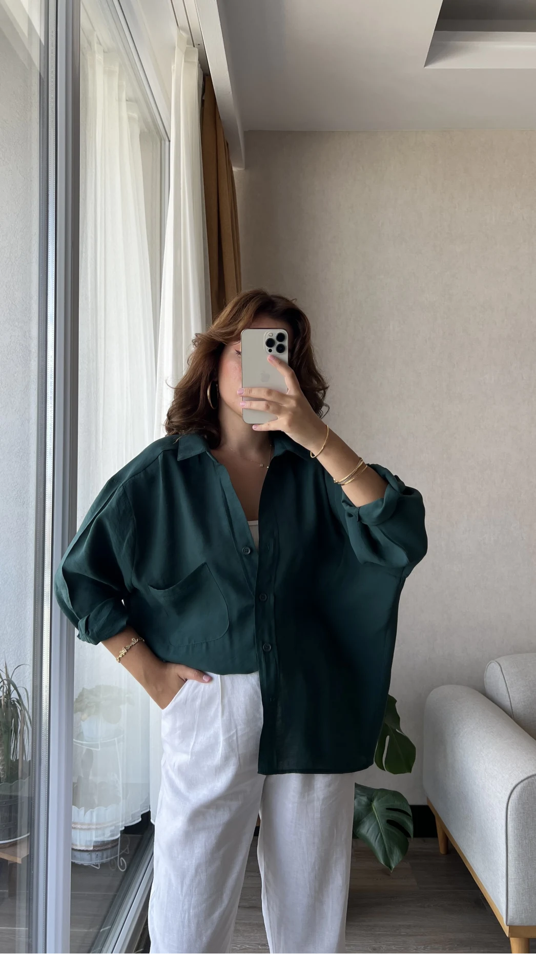 Zümrüt Yeşili Oversize Tensel Gömlek Kod: 4612