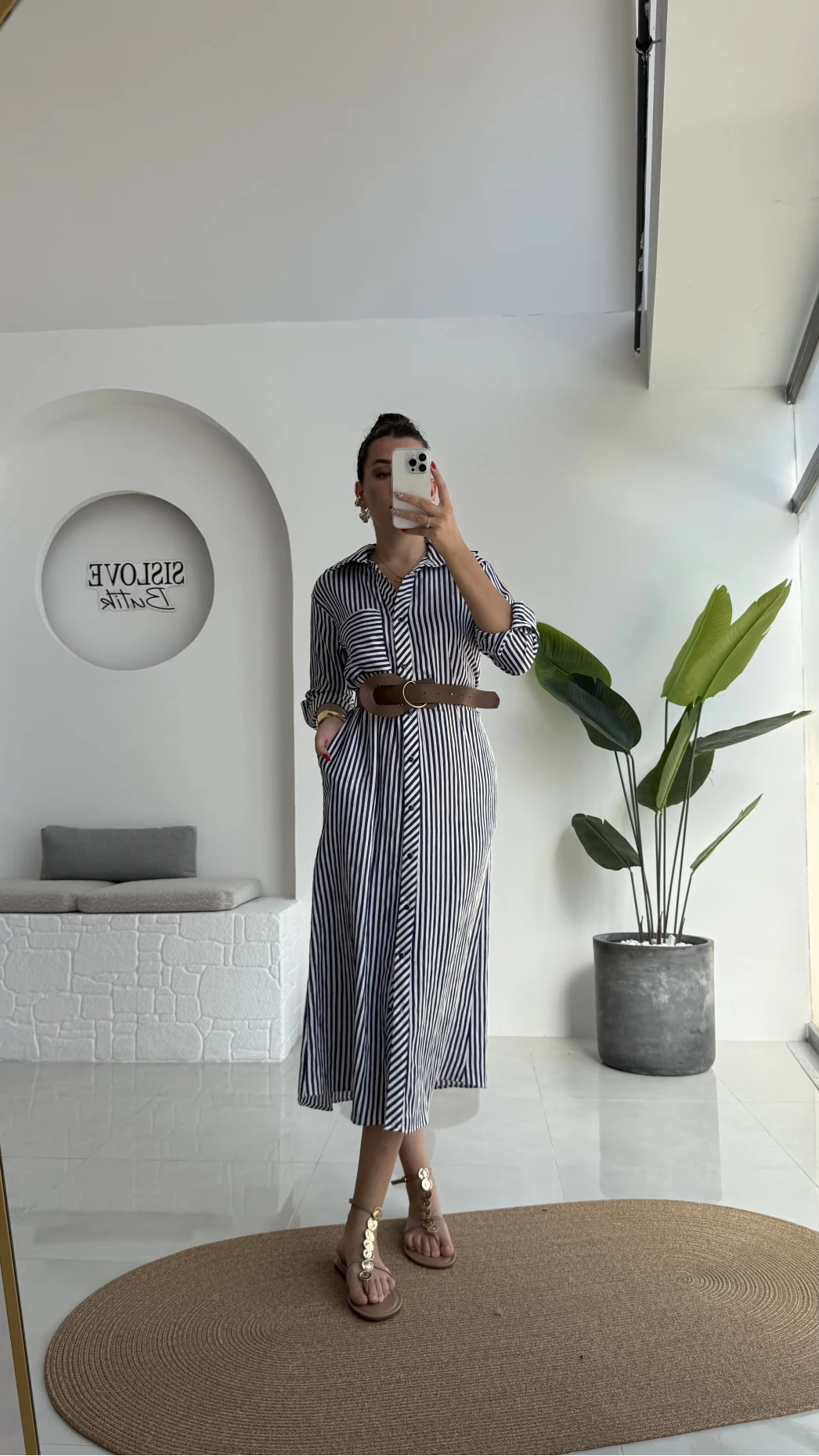 Edith Çizgili Kemerli Gömlek Elbise - Lacivert - 0411