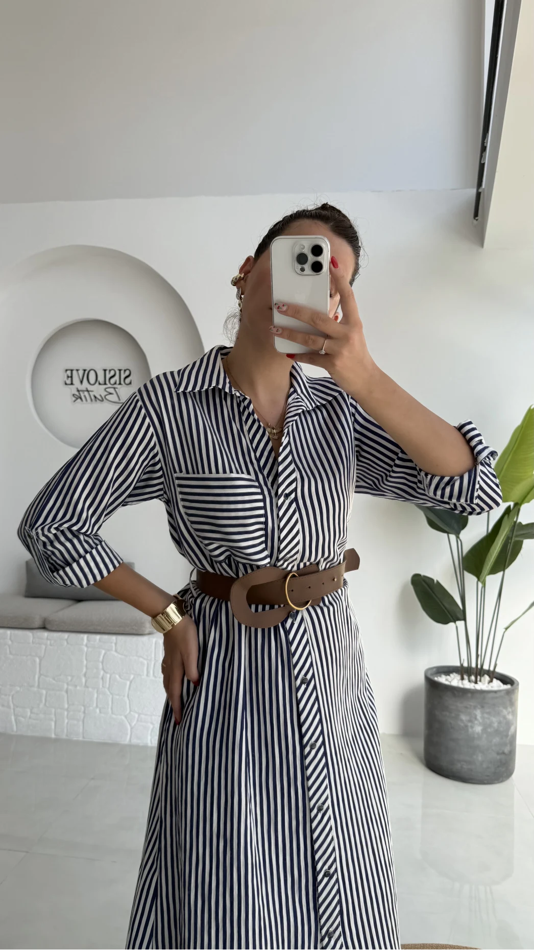 Edith Çizgili Kemerli Gömlek Elbise - Lacivert - 0411