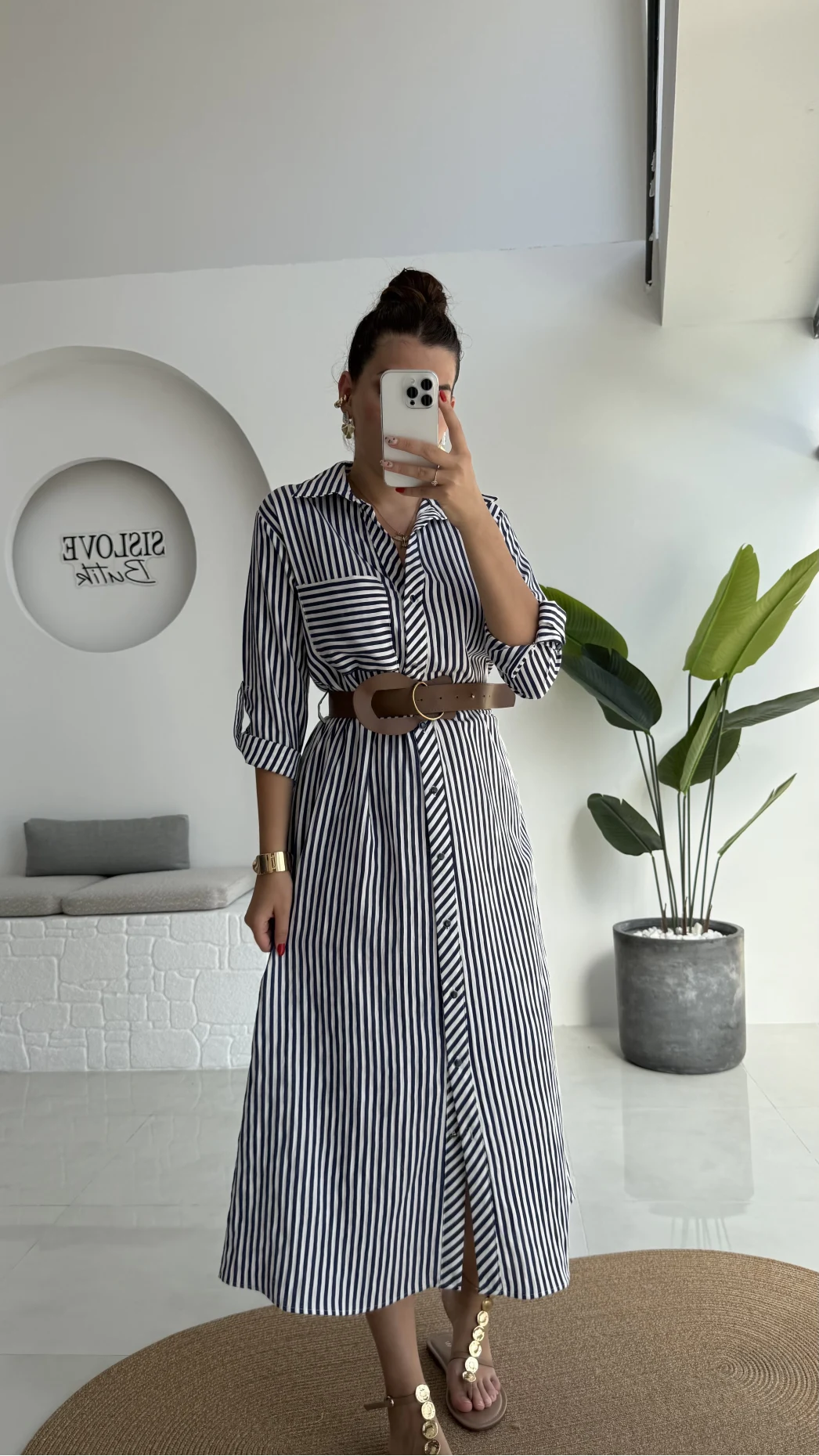 Edith Çizgili Kemerli Gömlek Elbise - Lacivert - 0411