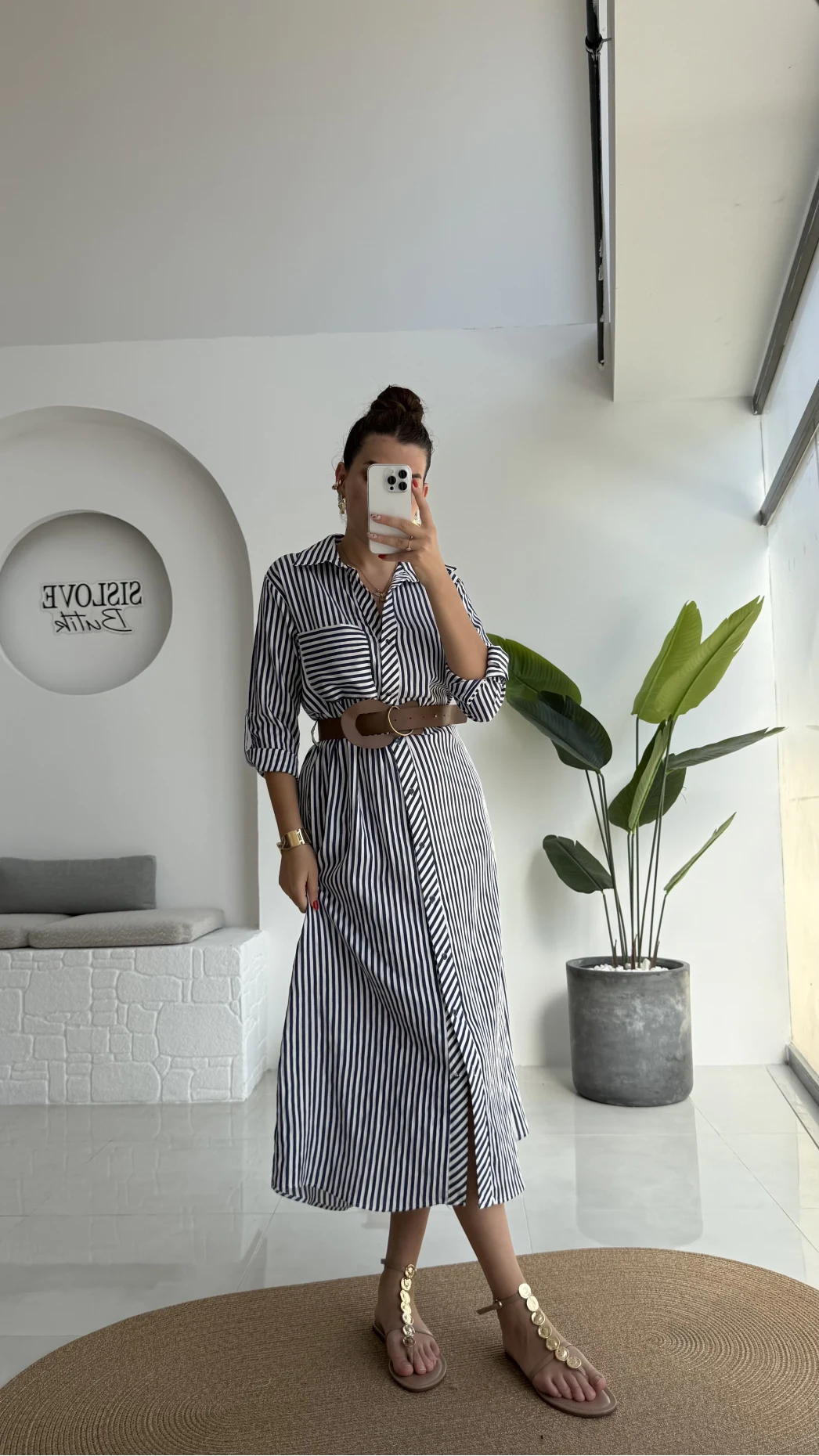 Edith Çizgili Kemerli Gömlek Elbise - Lacivert - 0411