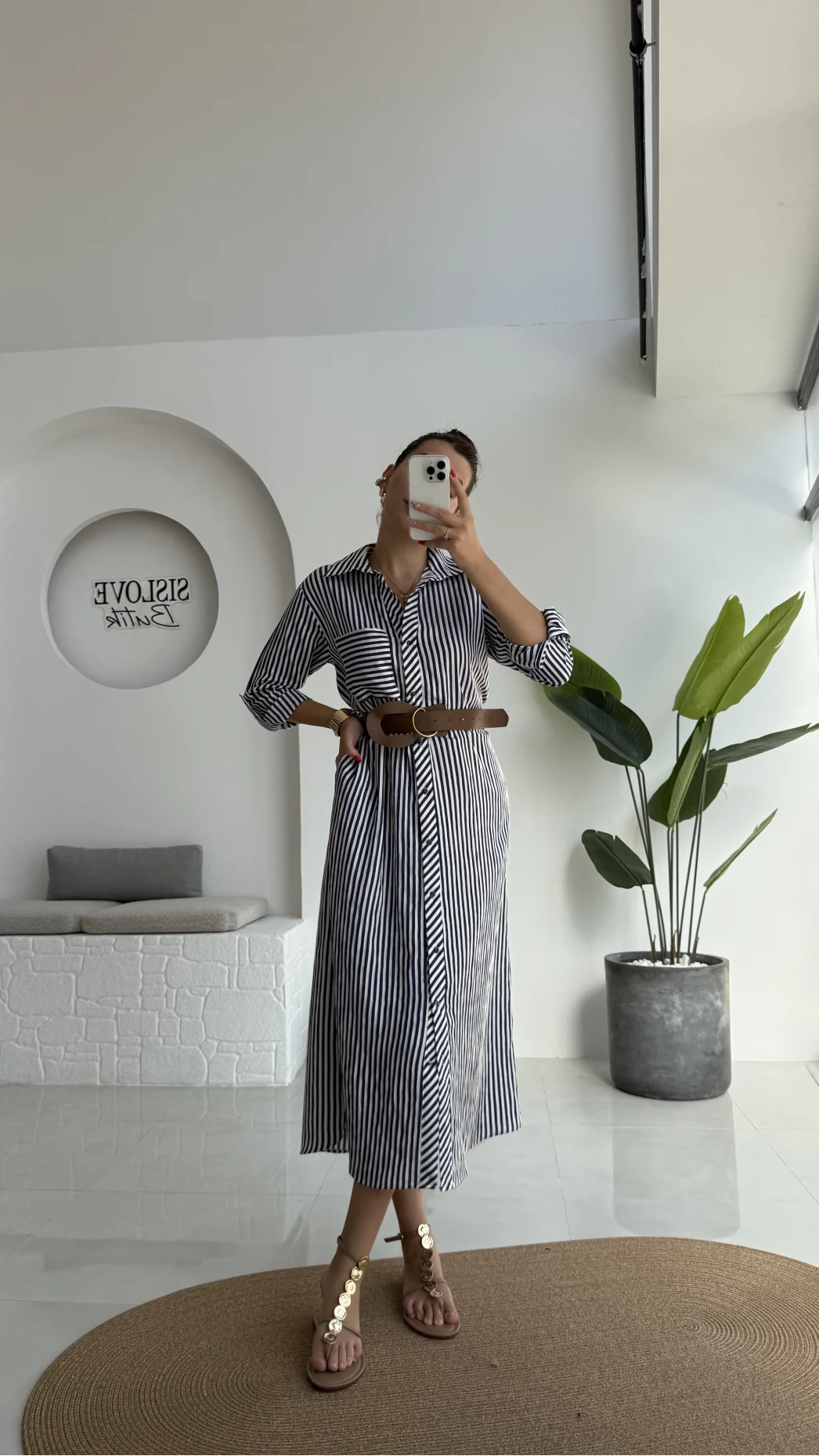 Edith Çizgili Kemerli Gömlek Elbise - Lacivert - 0411