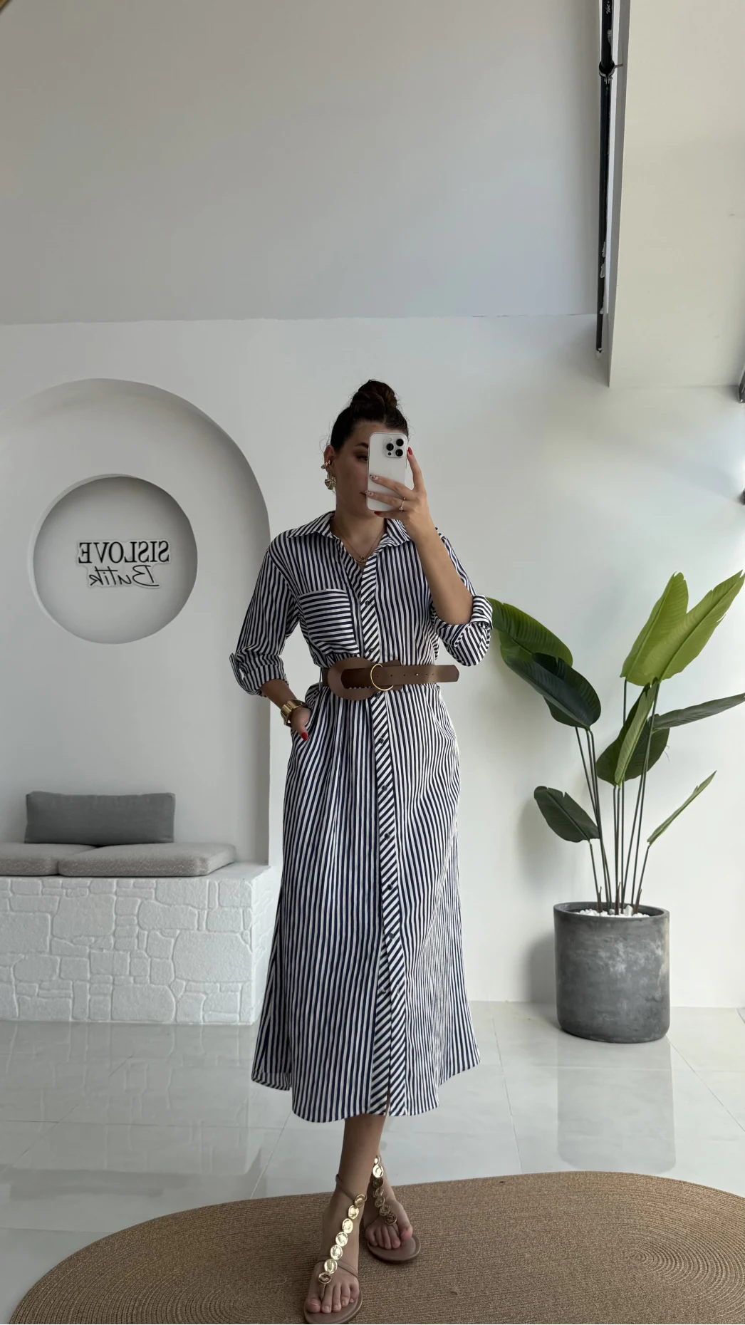 Edith Çizgili Kemerli Gömlek Elbise - Lacivert - 0411