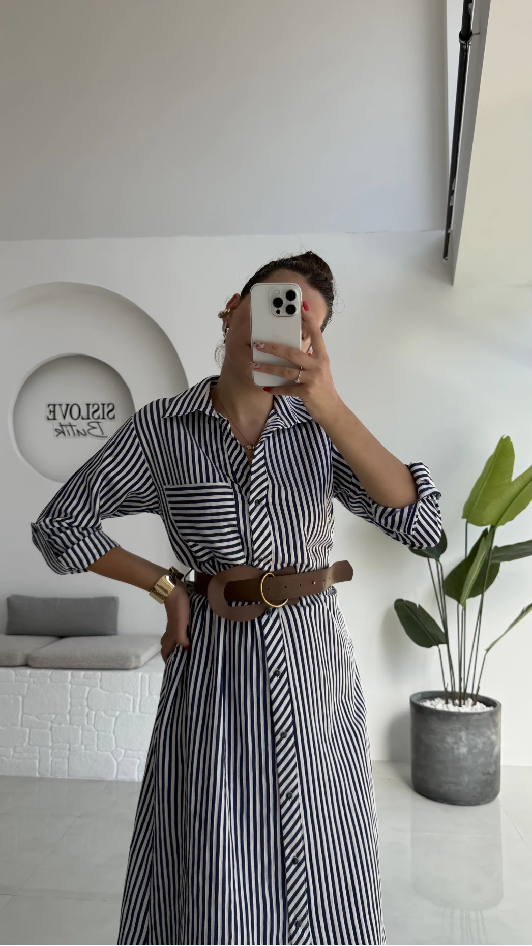 Edith Çizgili Kemerli Gömlek Elbise - Lacivert - 0411