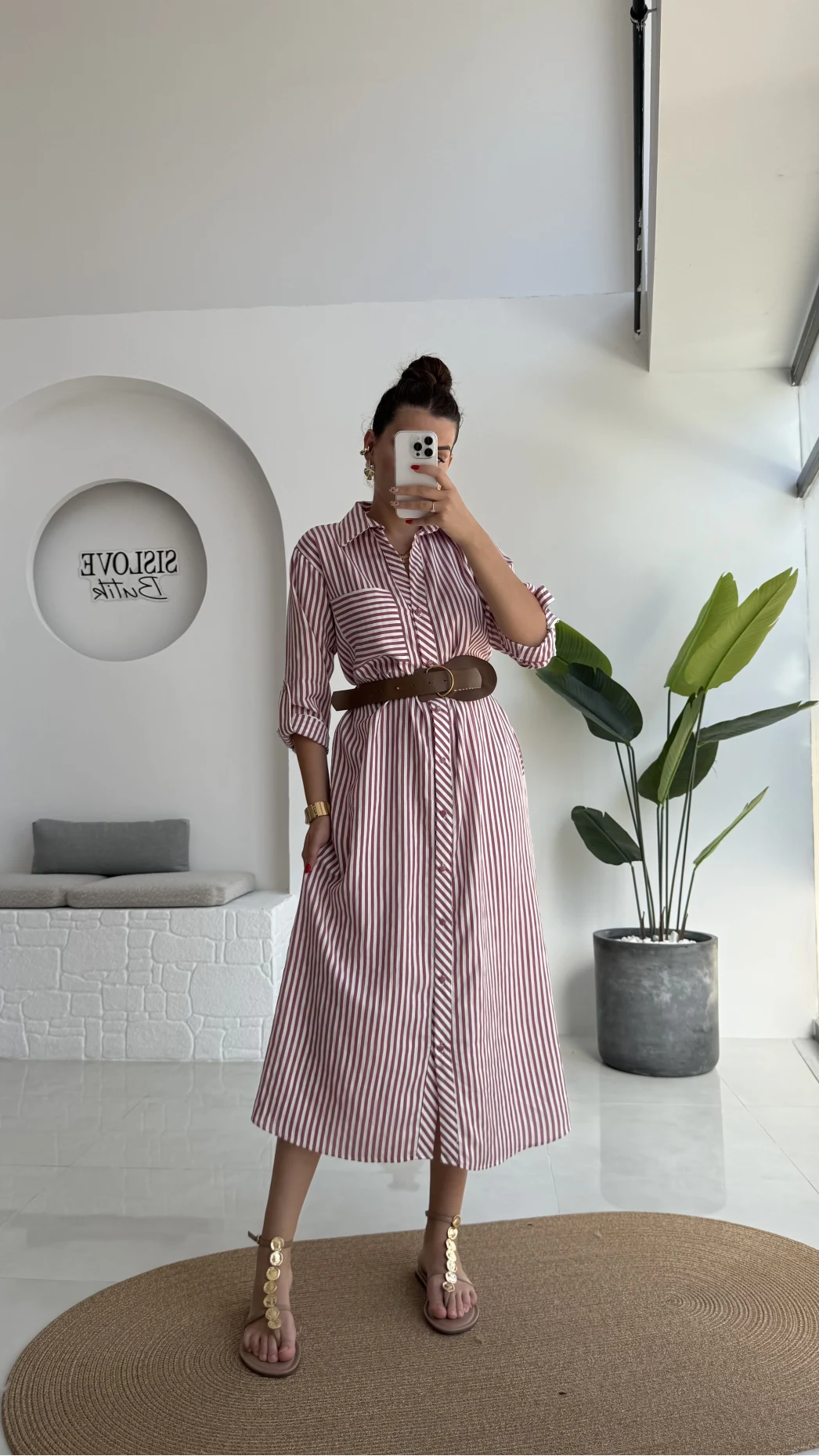 Edith Çizgili Kemerli Gömlek Elbise - Pembe - 0411