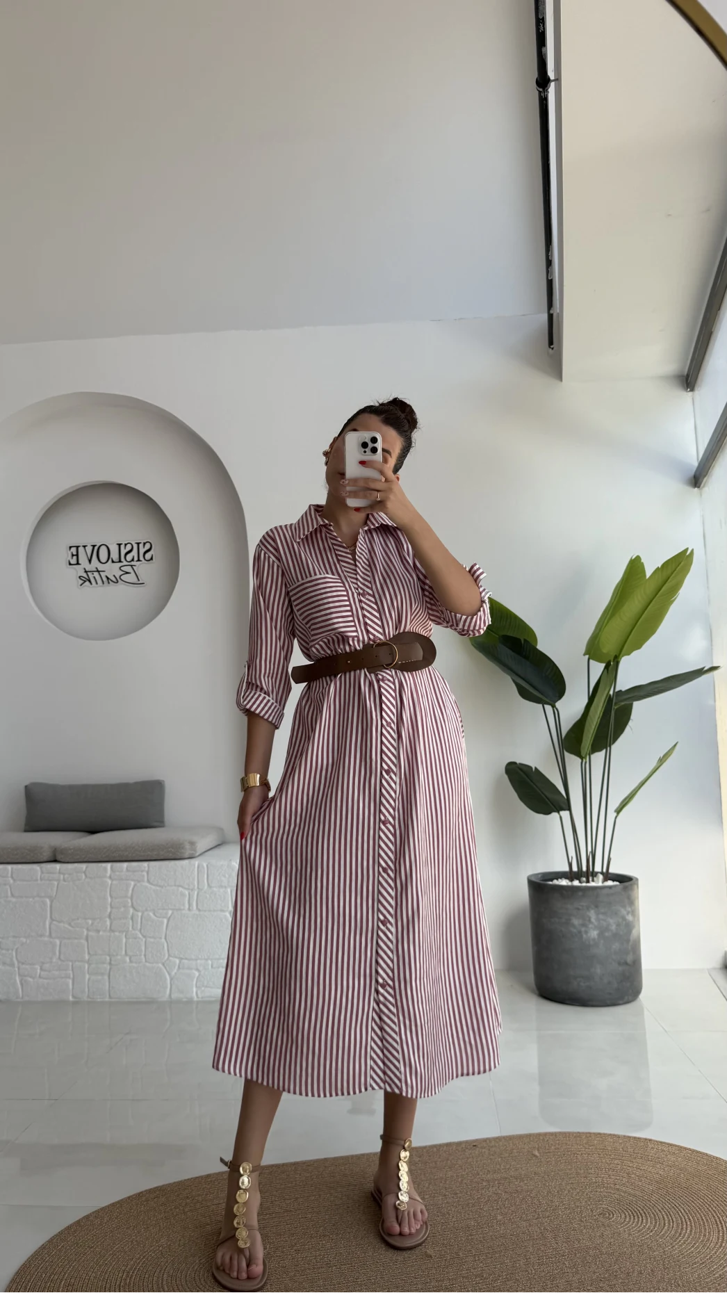 Edith Çizgili Kemerli Gömlek Elbise - Pembe - 0411