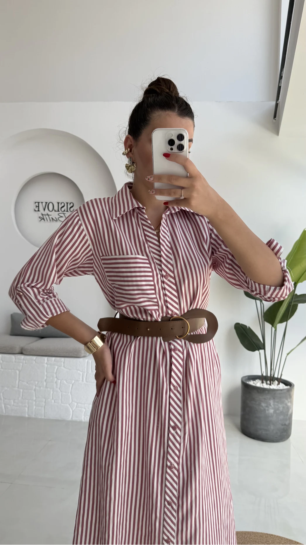 Edith Çizgili Kemerli Gömlek Elbise - Pembe - 0411