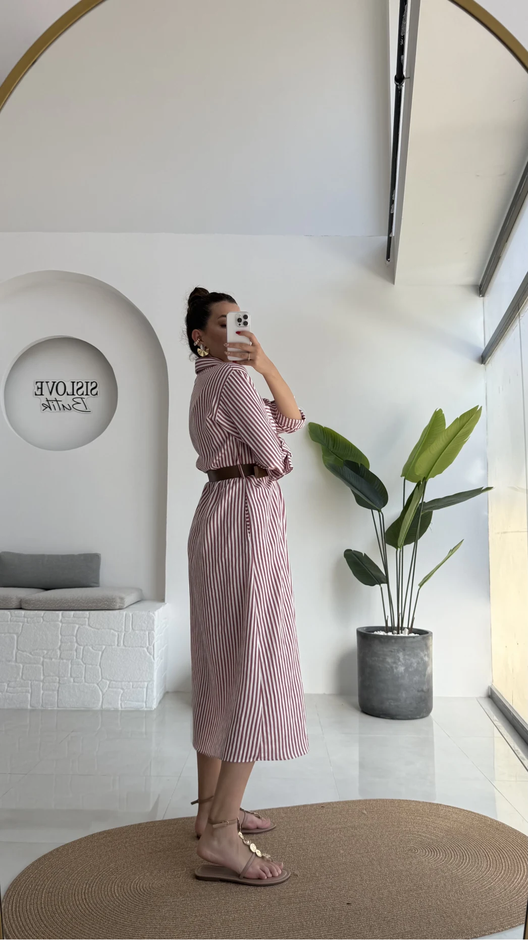 Edith Çizgili Kemerli Gömlek Elbise - Pembe - 0411