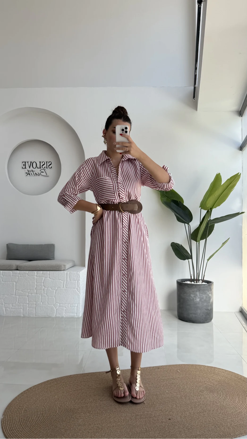 Edith Çizgili Kemerli Gömlek Elbise - Pembe - 0411