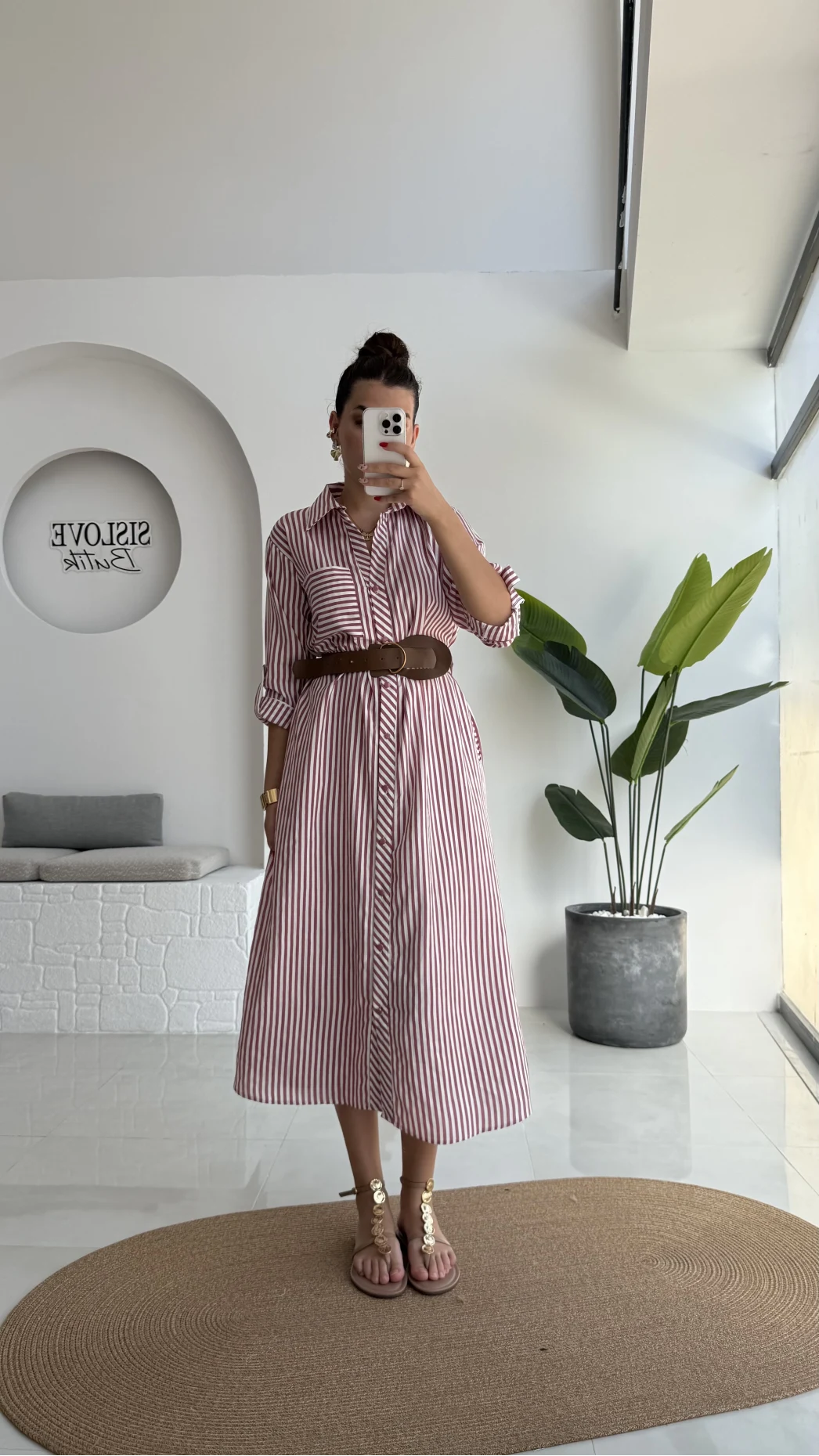 Edith Çizgili Kemerli Gömlek Elbise - Pembe - 0411