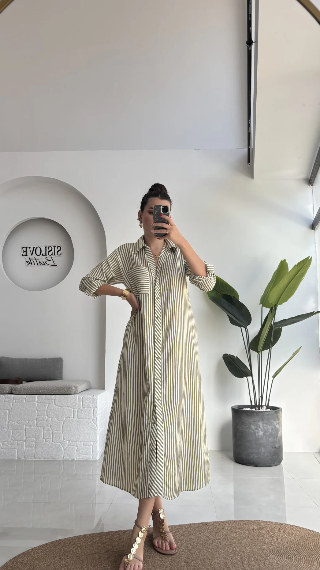 Edith Çizgili Kemerli Gömlek Elbise - Yeşil - 0411