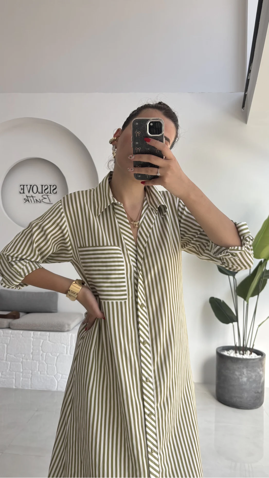 Edith Çizgili Kemerli Gömlek Elbise - Yeşil - 0411