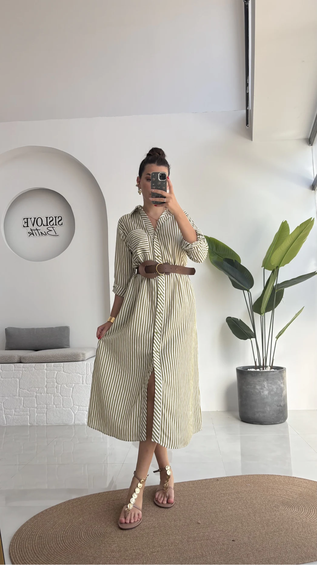 Edith Çizgili Kemerli Gömlek Elbise - Yeşil - 0411